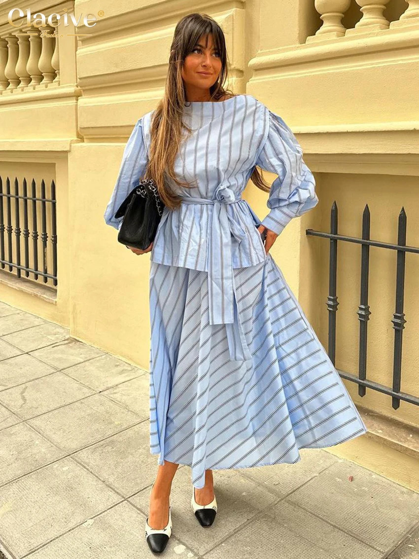 Clacive Fashion Loose Stripe Print 2 Piece Sets Women Outfit Elegant Long Sleeve Shirt With High Waist Ankle Length Skirt Set 250730