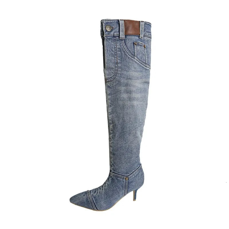autumn denim Boots Outdoor non slip high heels Sharp pointed retro long boot Casual comfortable womens shoes Botas Zapatos 250729