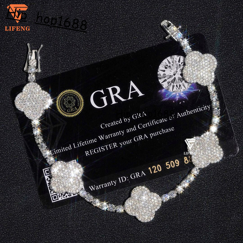 Hip Hop Iced Out Diamond Clover Bracelet 4mm Wide 925 Silver VVS1 Moissanite Tennis Bracelet With GRA Certificate