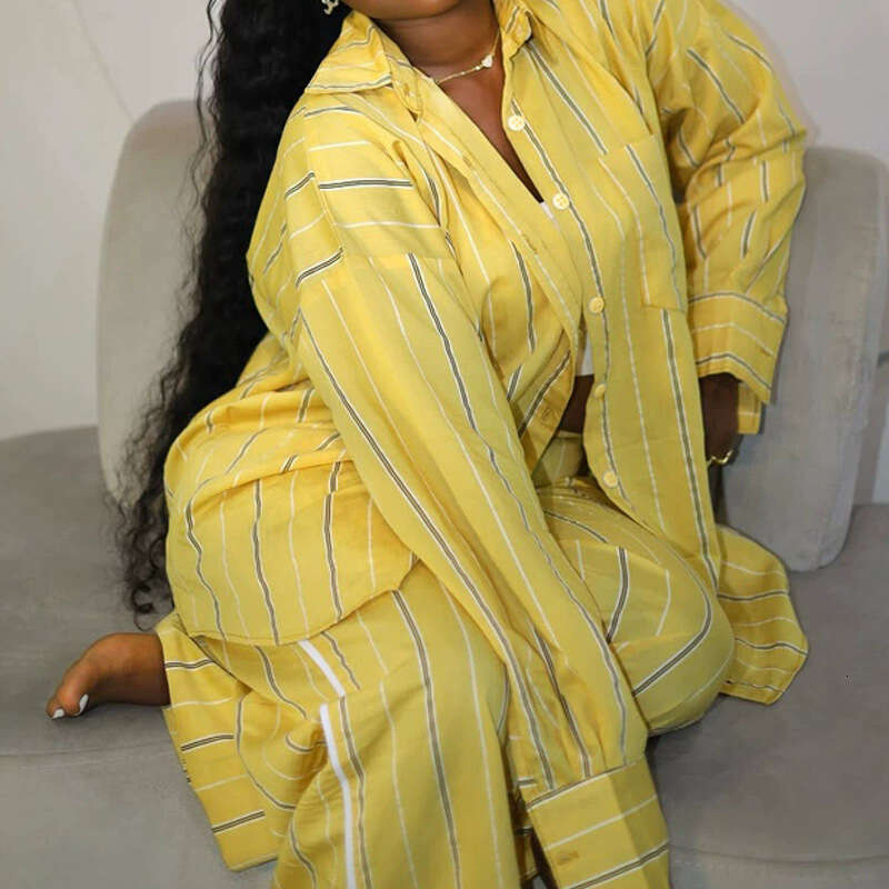 Plus Size Women's New Fashion Casual Loose Striped Shirt And Pants Two-Piece Set For Autumn B5
