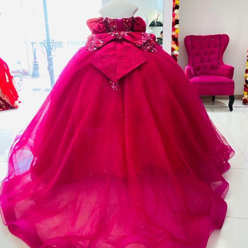 Rose Red Shiny Quinceanera Dresses Off The Shoulder Appliques Lace Beading Crystal Bow Tull Ball Gown Sweet 16 Dress Vestidos De 15 Anos