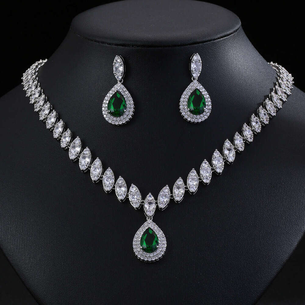 Hot-selling Multi-color Zircon Earrings Necklace High-grade Temperament Design Sense Water Drop Shape Evening Party Jewelry Set