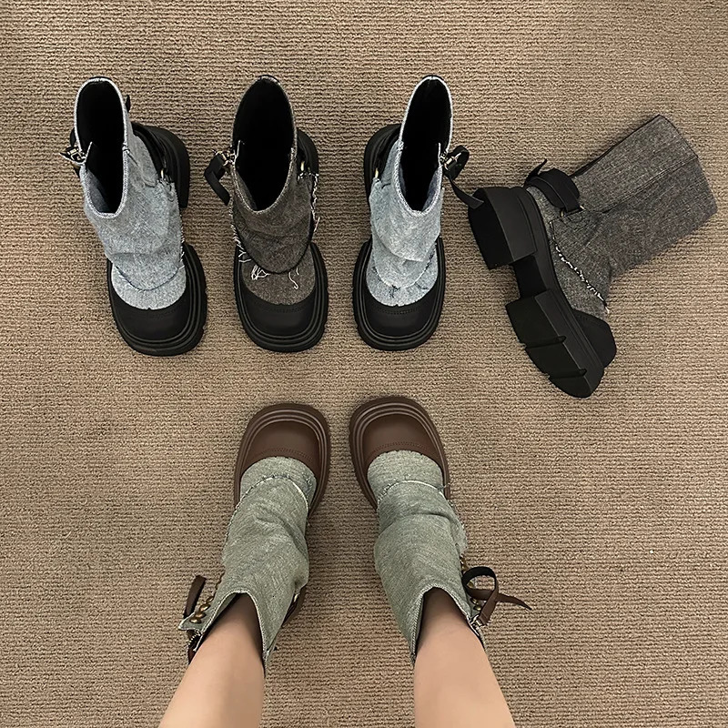 n Style Trousers Boots Womens Fashion Denim Short Boots Casual Platform Shoes Cowboy Boots for Women Gothic Shoes 250729