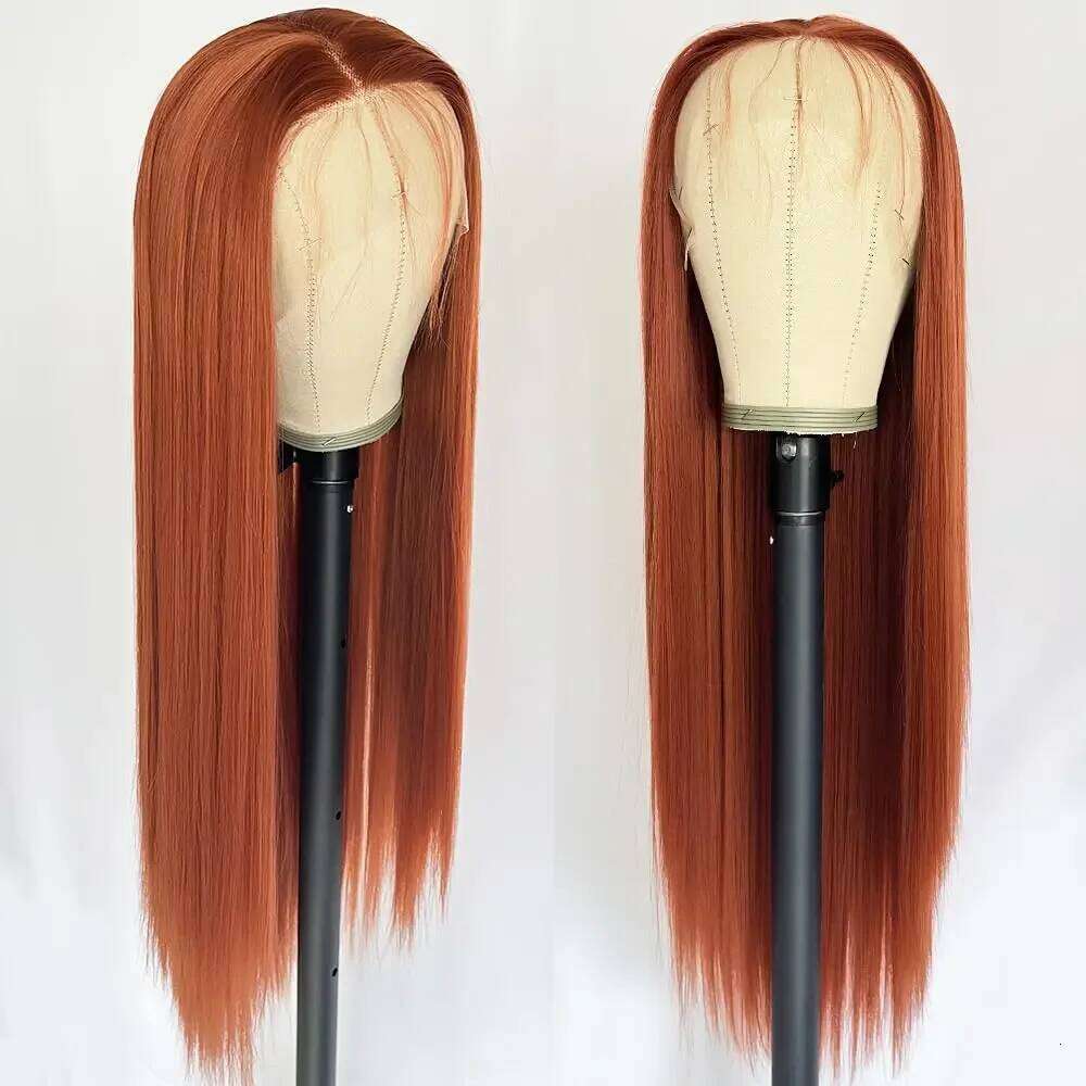 Ginger Orange Color Long Straight 13*4 Copper Red Human Hair Glueless Pre Plucked Synthetic Lace Front Wigs