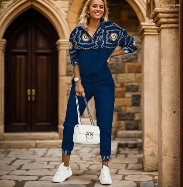 Women's Tracksuits Women Two Piece Pants Set Tracksuit Spring Autumn Fashion Chain Print Long Sleeve Top Pencil Pants Ladies Casual Sport Outfits