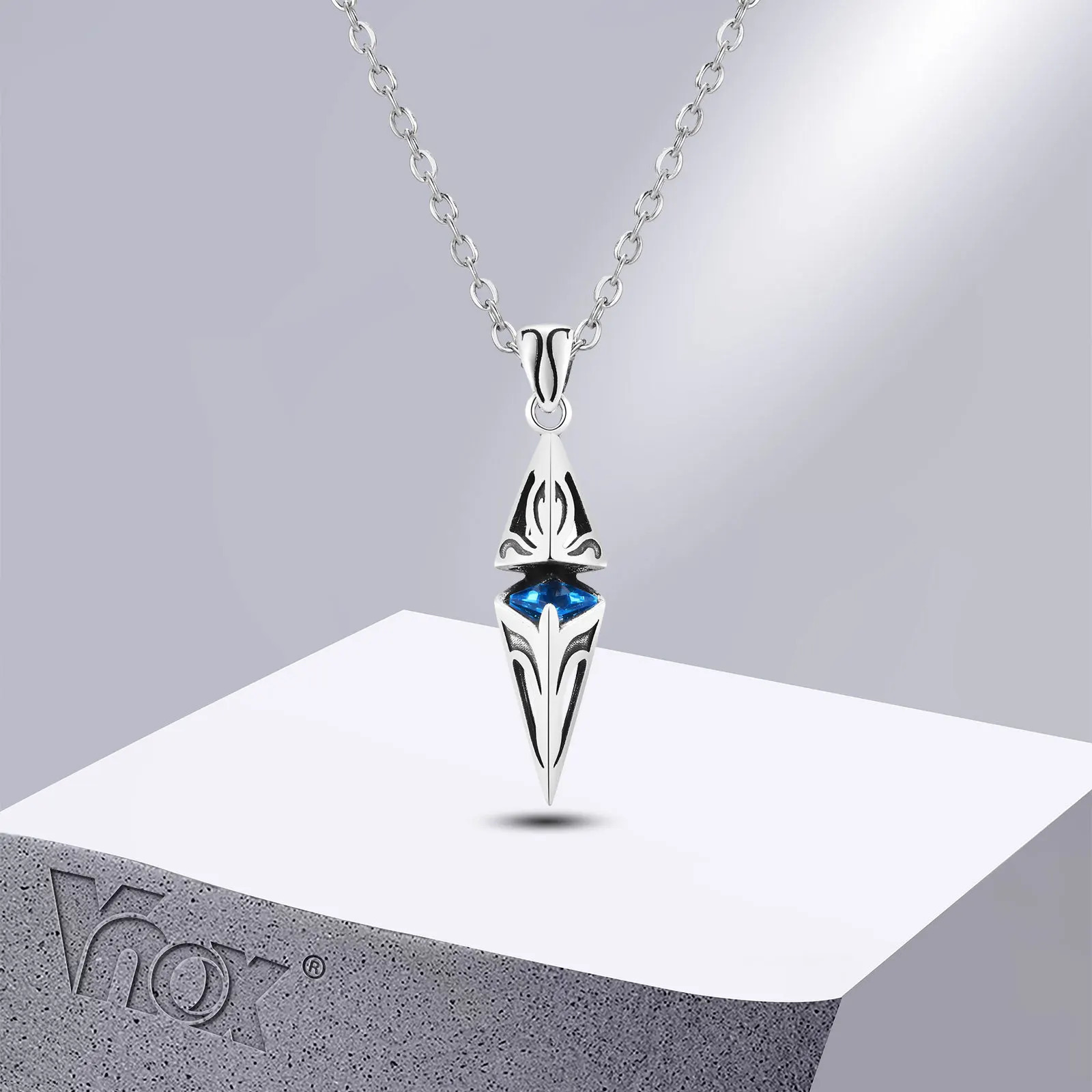 Vnox Stylish Blue Stone Necklaces for Men Stainless Steel Cube Geometric Pendant Collar Jewelry Birthday Party Gifts for Him 250729