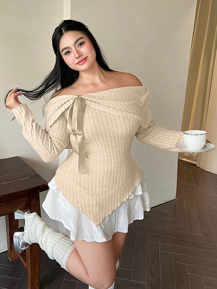 Plus Size Womens Solid Color Strapless Long Sleeve Simple TShirt Spring Daily Casual Dress Up Cute Wind Pure Polyester 250729
