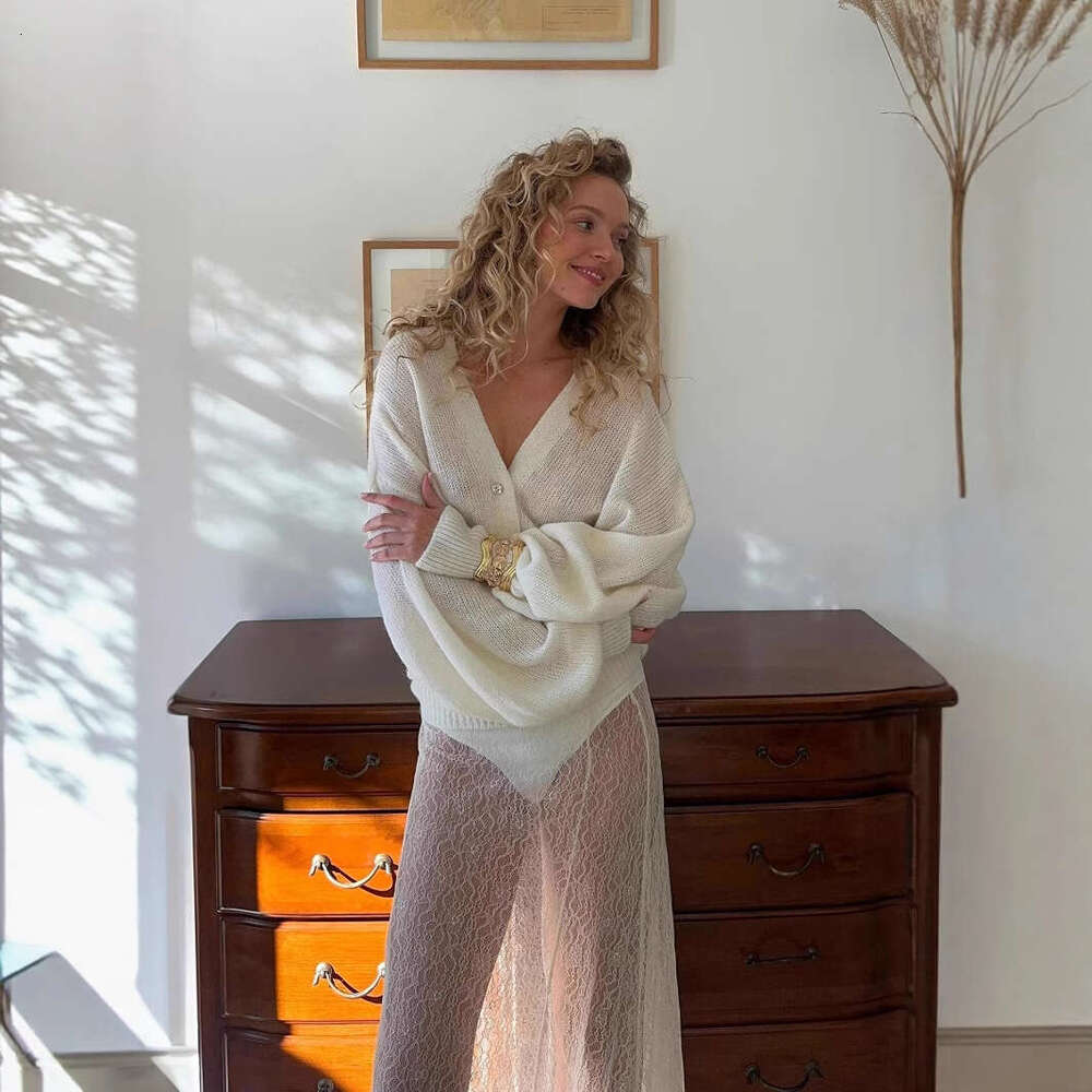 Autumn New Soft Mohair V-Neck Hollow Cardigan For Women, Elegant Lazy Style With Shell Buttons And Lantern Sleeves Sweater Coat B5