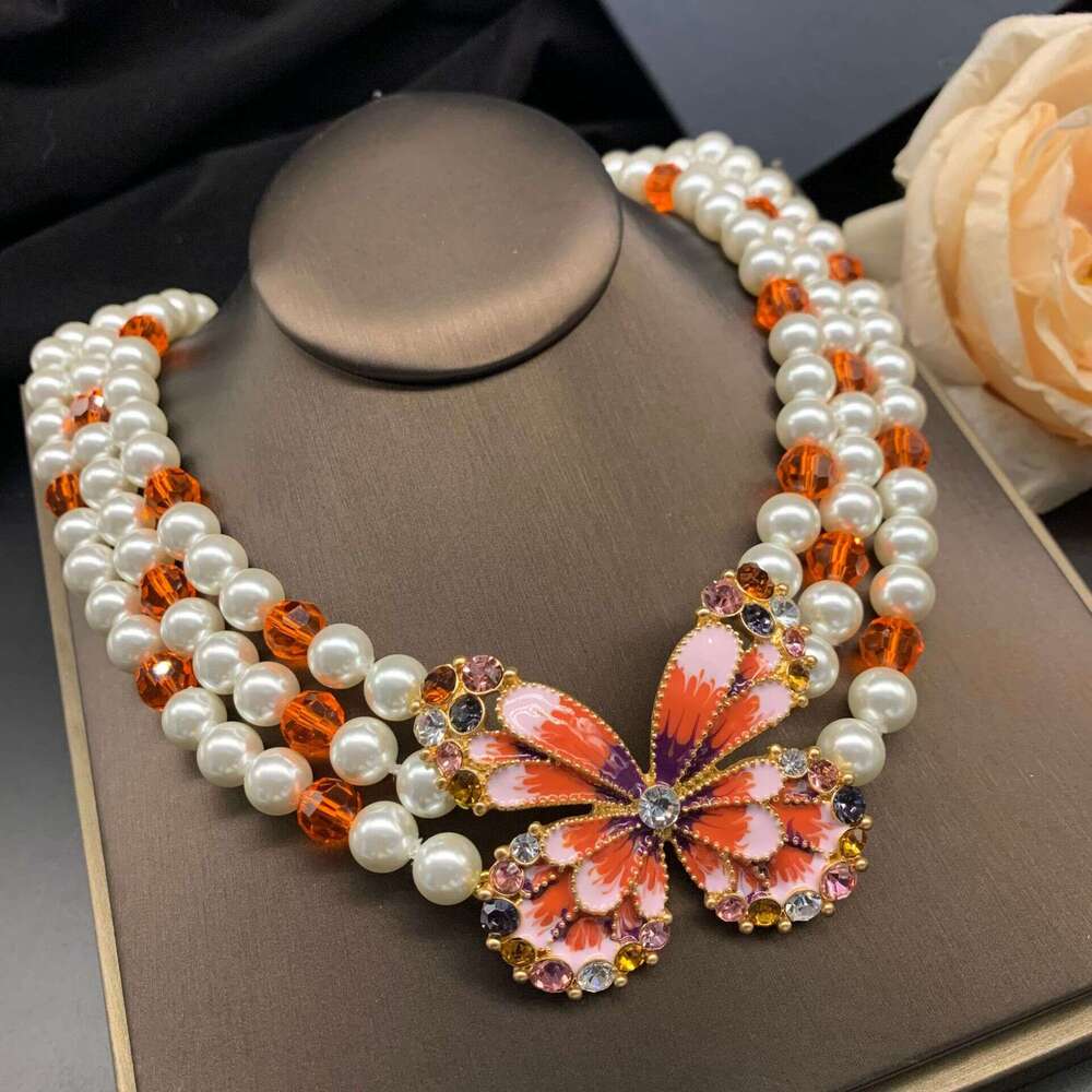 Wind Multi-layer Glass Butterfly Shape Necklace Bracelet Earrings Niche Three-piece Set OEM Labeling