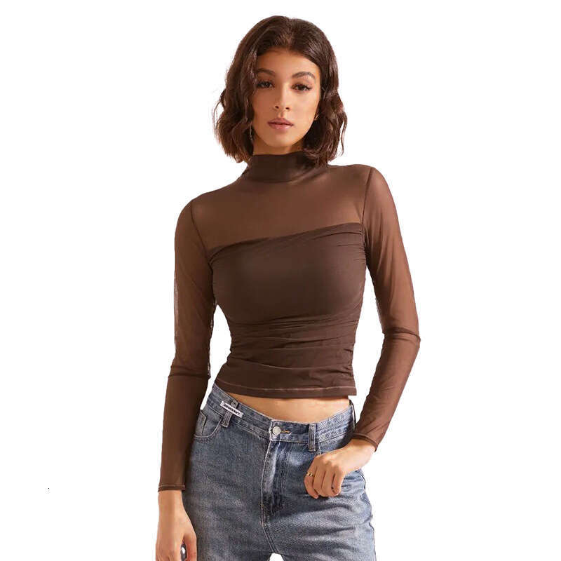 Ytp0 Women's Autumn New Solid Color Half High Collar Mesh Splicing Sexy T-Shirt Top B5