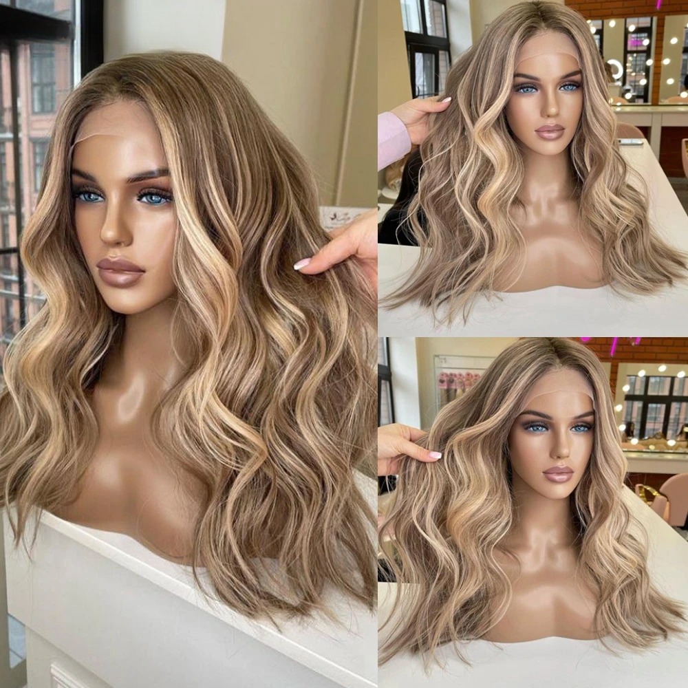 13x4 Highlight Brown Ash Blonde Colored Wigs Body Wave Lace Front Wig for Women Synthetic Brazilian Human Hair HD Preplucked Hairline