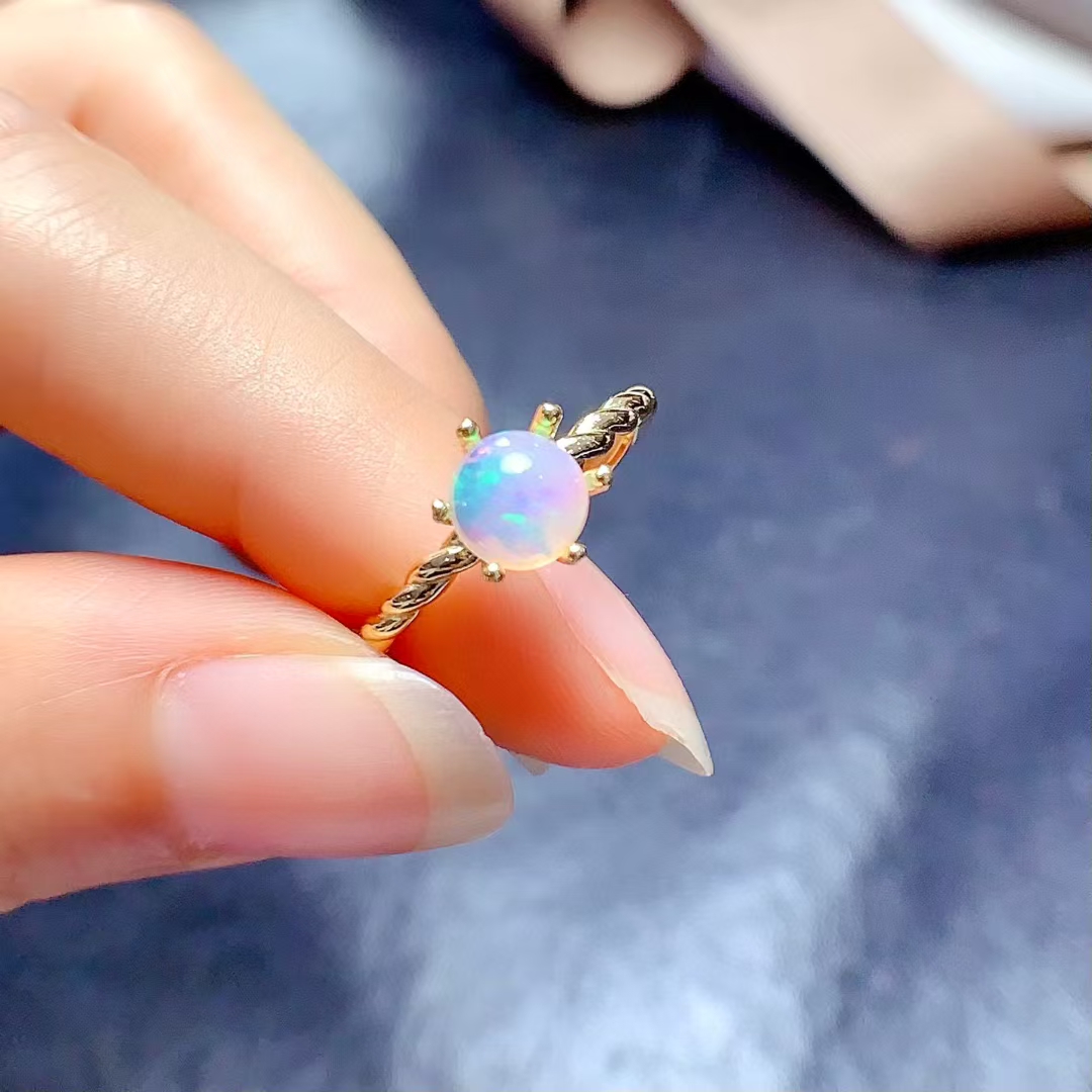 100% Real White Opal Ring for Office Women 6mm Natural Opal Silver Ring 925 Silver gemstone Jewelry with 18K gold plating