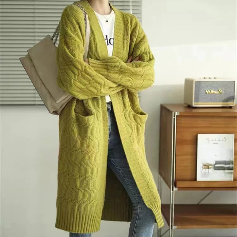 FIGOHR Womens AutumnWinter Long Cardigan Coat with Lantern Sleeves and Pockets Elegant Solid Knitted Sweater 250730