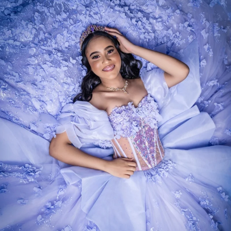 Blue Shiny Quinceanera Dresses Off The Shoulder Applique Flower Beading Crystal Tulle Vestidos De 15 Anos Sweet 16 Dress