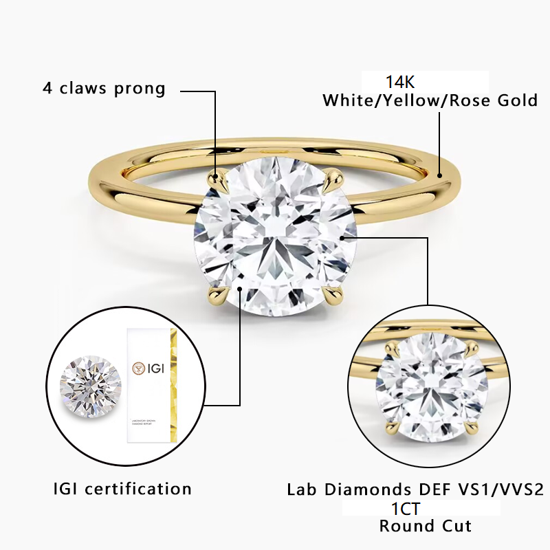 Customized 18K Gold Diamonds Ring 1ct IGI Certificate Round Cut Lab Grown Diamond Engagement Ring