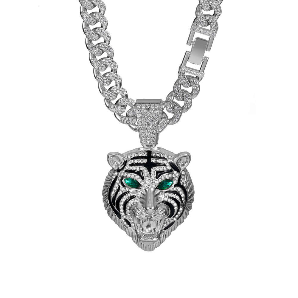 Full Dia Multi-color Tiger Head Pendant Creative Alloy Cuban Chain Hip-hop Personality Domineering Necklace