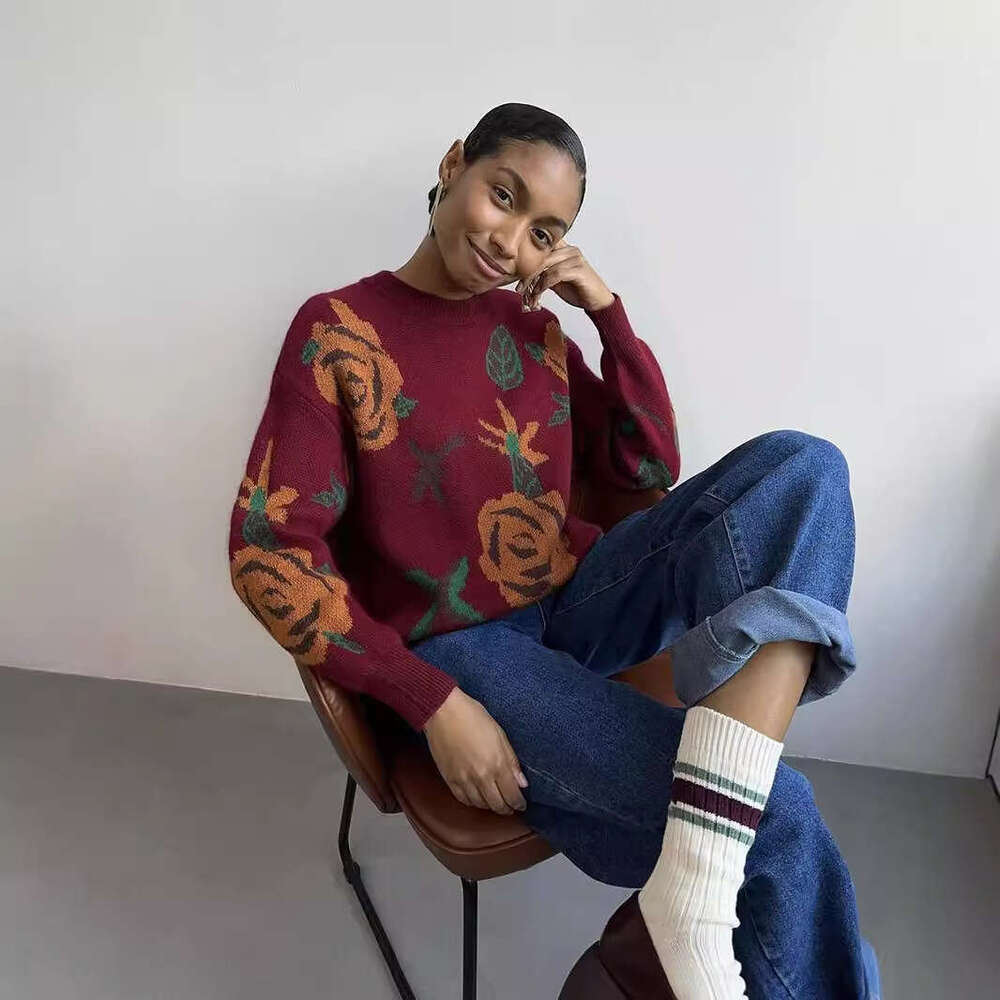 Autumn Winter New Style Round Neck Sweater Flower Knit Loose Soft Knitted Top Women's Clothing B5