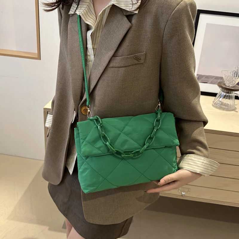 Winter Cott Padded Quilted Handbag For Women Chain Rhbic Pattern Designer Feather Down Bag Purse Ladies Shoulder Tote Bags Y250730