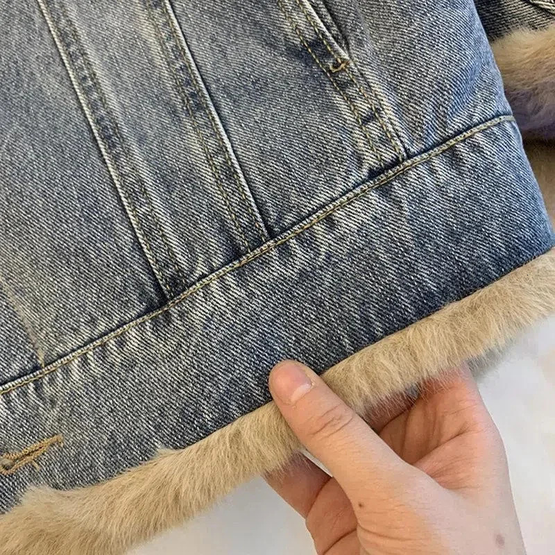 Fox Fur Collar Short Jacket Liner Denim Women Winter Loose Thick Warm Jeans Jackets Parka Female Outerwear 250730