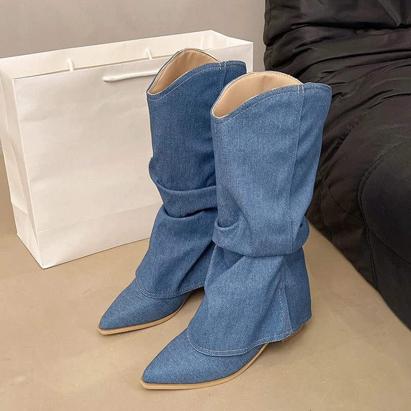 Pointed Denim Single Boots Womens Four Seasons Sleeve Non-Slip Wear-Resistant Square Heel Mid-Cone Boots 250729