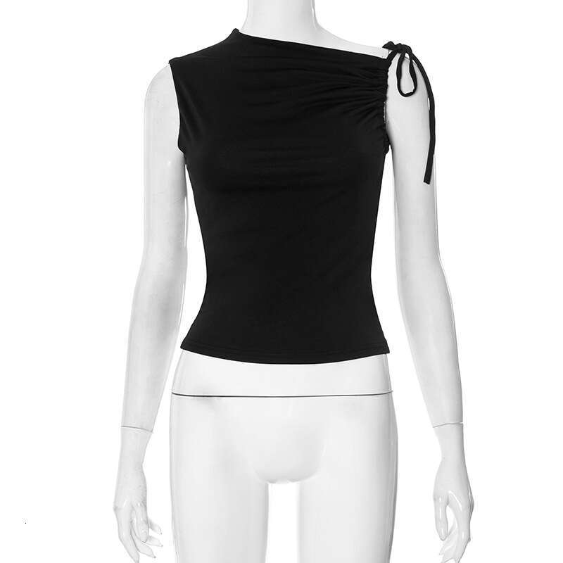 Ytp636 Wind Women's Clothing Autumn Winter Asymmetrical Drawstring Sleeveless Ruched Crop Top T-Shirt B5