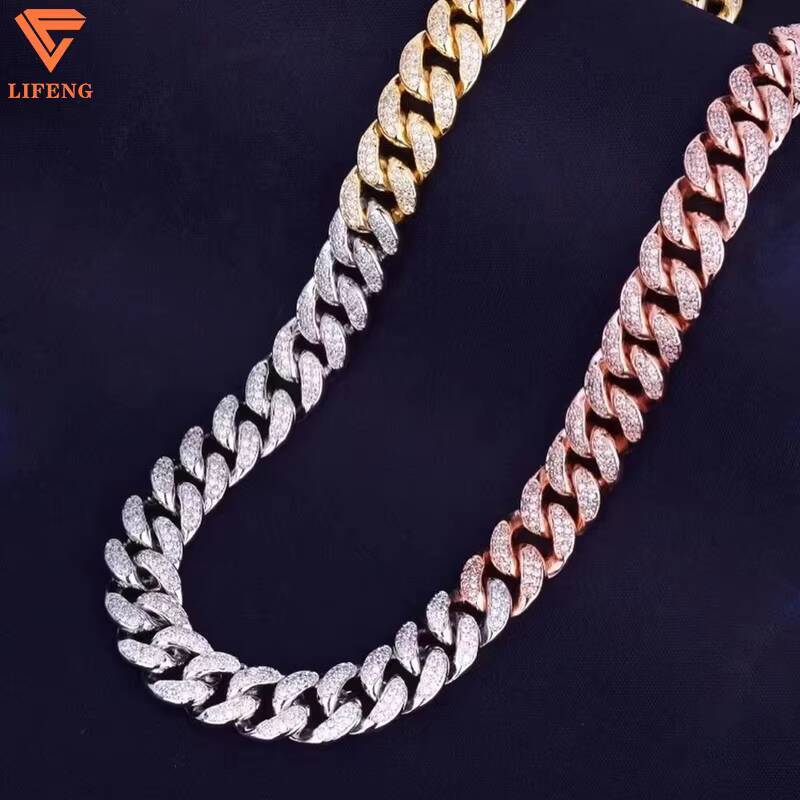 14mm Thick Miami Hip Hop Necklace for Men 18K Gold Iced VVS Moissanite Tricolor Lock Clasp Rapper Cuban Link Chain Jewelry