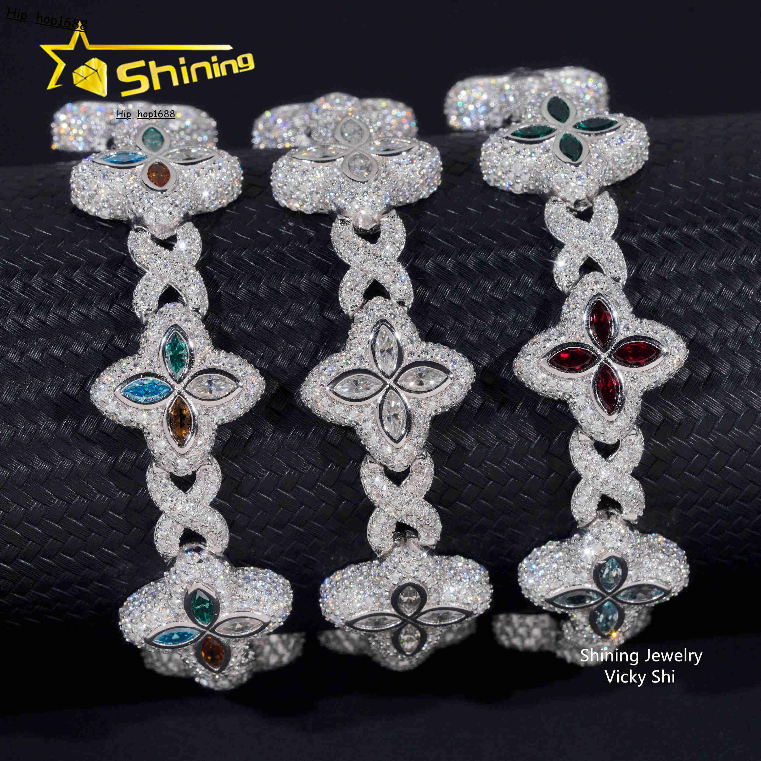 Hot Selling Men Popular Moissanite Bracelets 925 Sterling Silver Iced Out Hip Hop Infinity Clover Moissanite Cuban Bracelet