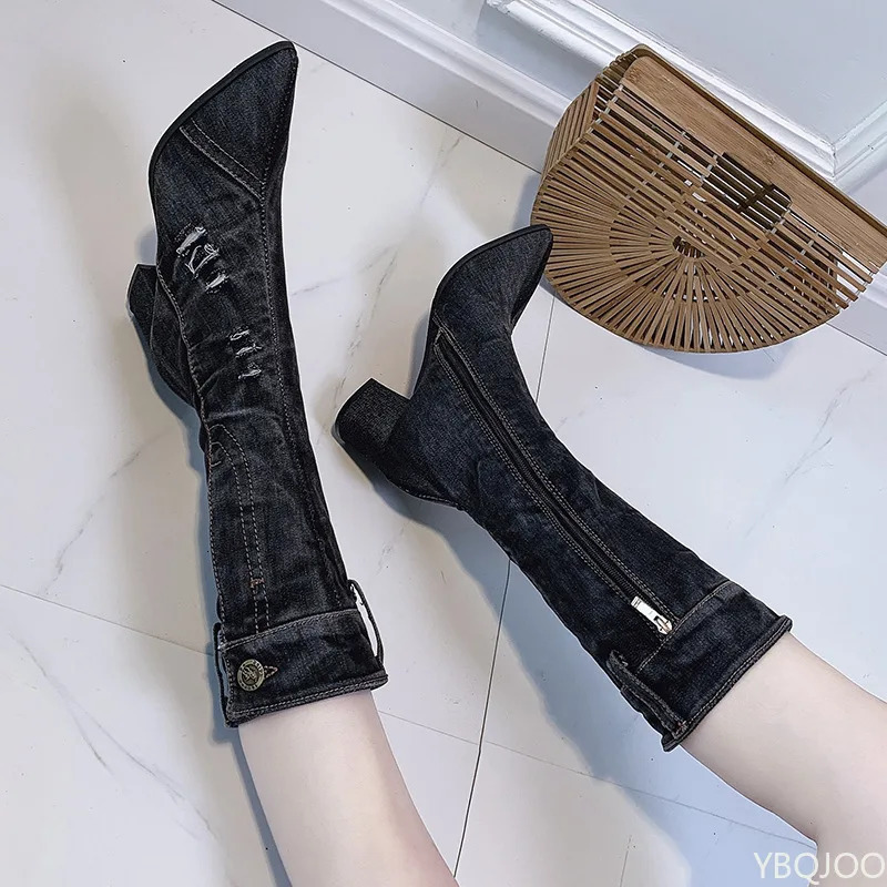 Women Chunky Denim Mid-Calf Boots Block High Heels Boots Winter Fashion Cowboy Western Boots thick heels shoes 250729