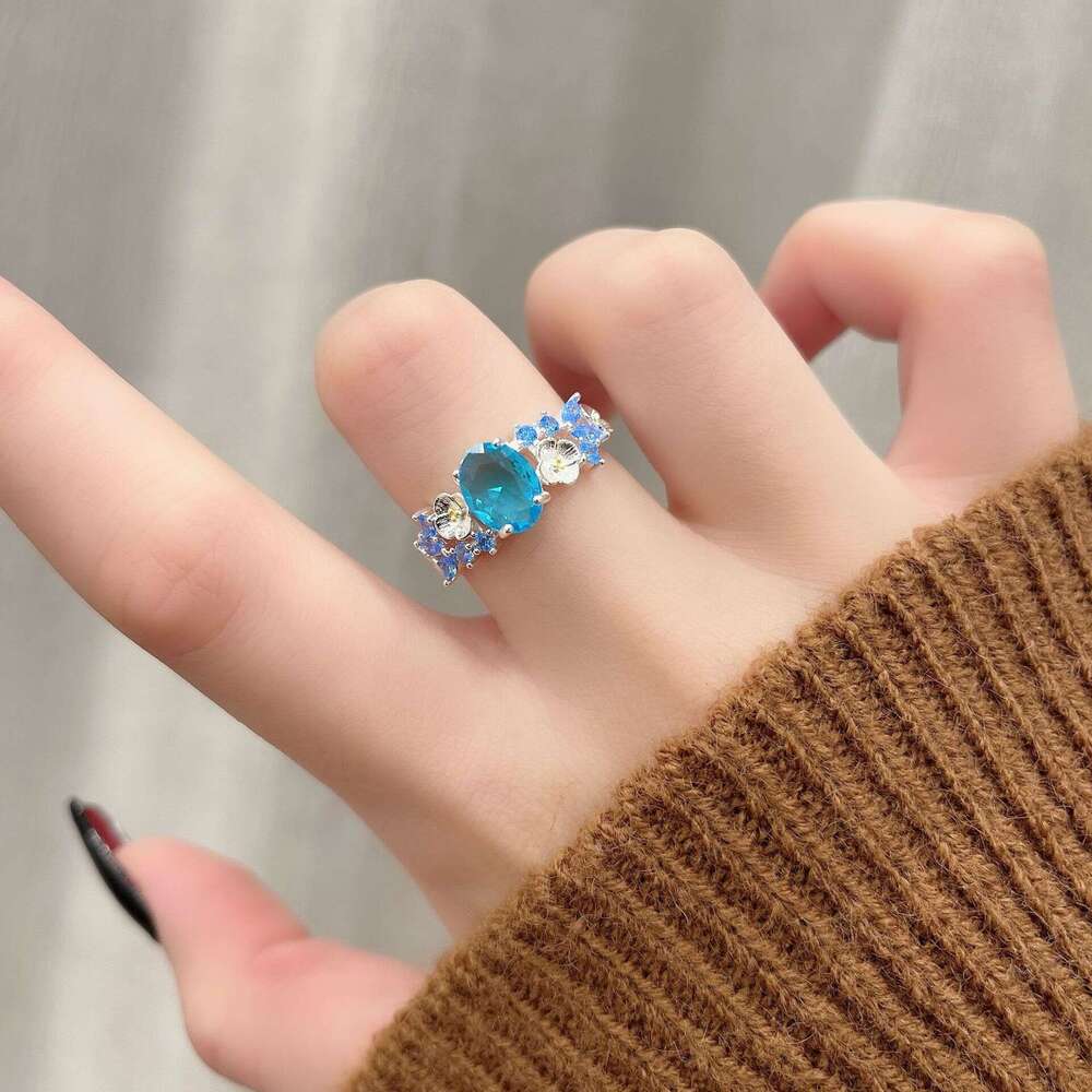 Flower Fairy Zircon Blue Embroidered Open Ring for Women Fashionable Elegant Versatile Light Luxury Micro Inlaid Sparkling High-end Feel b0b