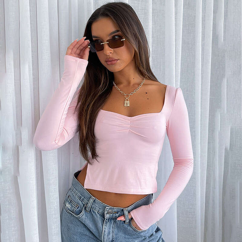 Y23tp1 Women's Autumn INS New Solid Color Square Neck Long Sleeve Gathered Side Slit Top T-Shirt For Women B5