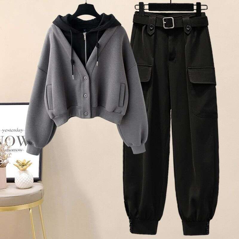 Women's Clothing Autumn And Winter For Women, Small Size, Design, Half Zip Sweater Jacket, High Waist Overalls, Fashionable Two Piece Suit