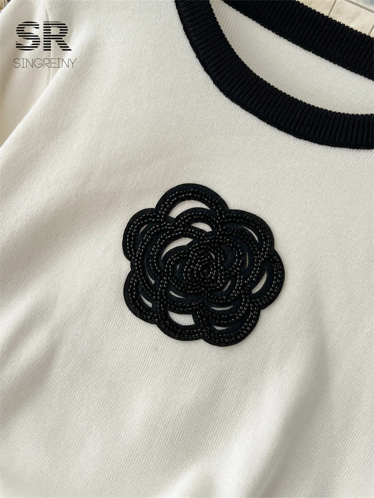 SINGREINY Elegant Two Piece Knit Set Winter Flower n Long Sleeve Pullover Elastic Waist Skirt Fashion Sweater Suit 250730