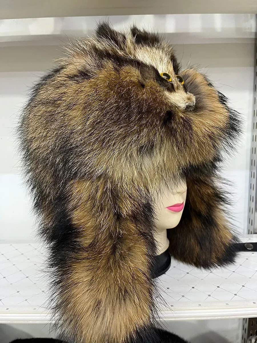 Halloween Outdoor Hat Fur 100% Raccoon Fox Skin Russian Hats Pilot Bombers Full Fur Mens Hat Ushanka Winter Ear Guard Hat 250724