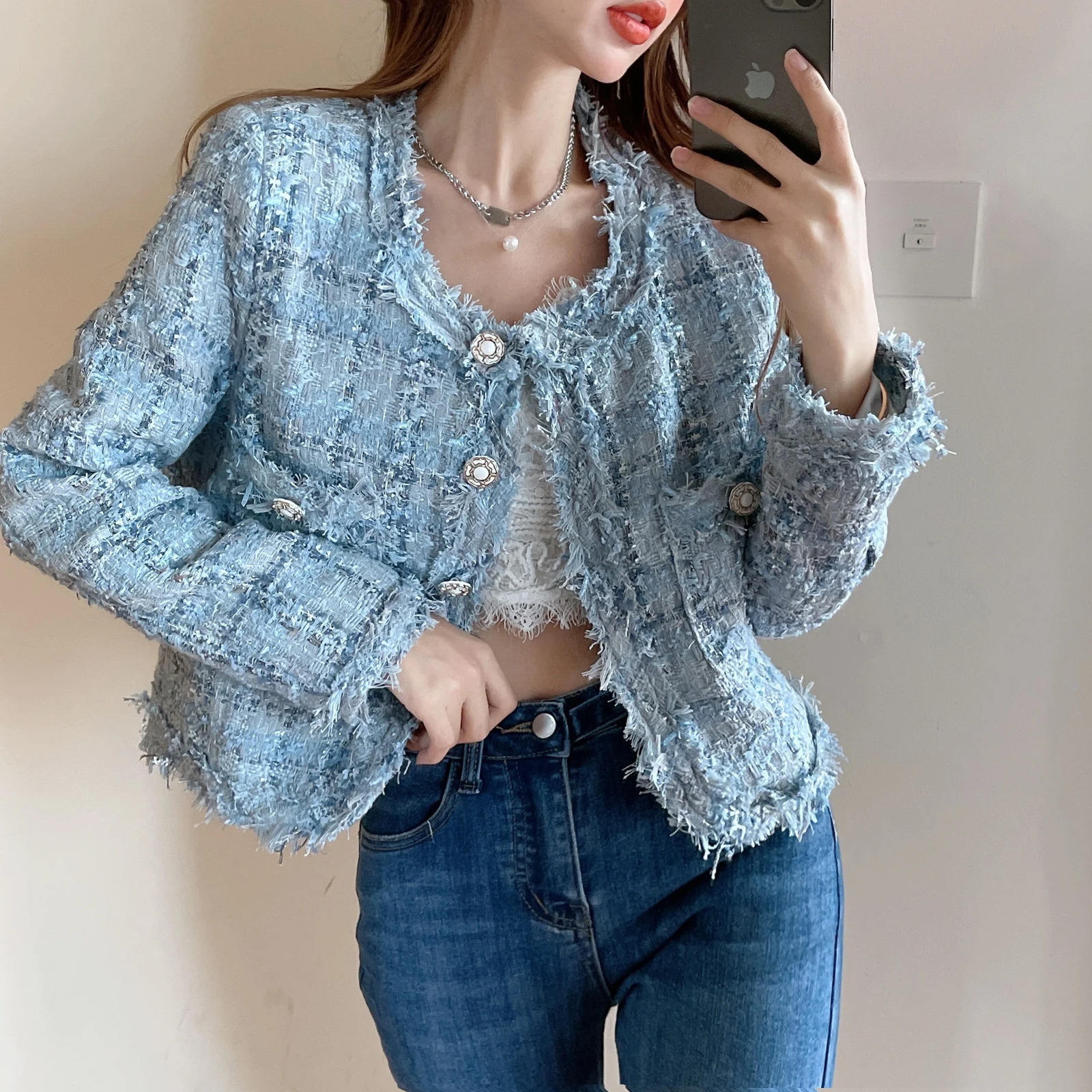 Autumn Spring Sweet Tweed Jacket Women y Woolen Short Coats Outwear Casacos Chaqueta Mujer 250730