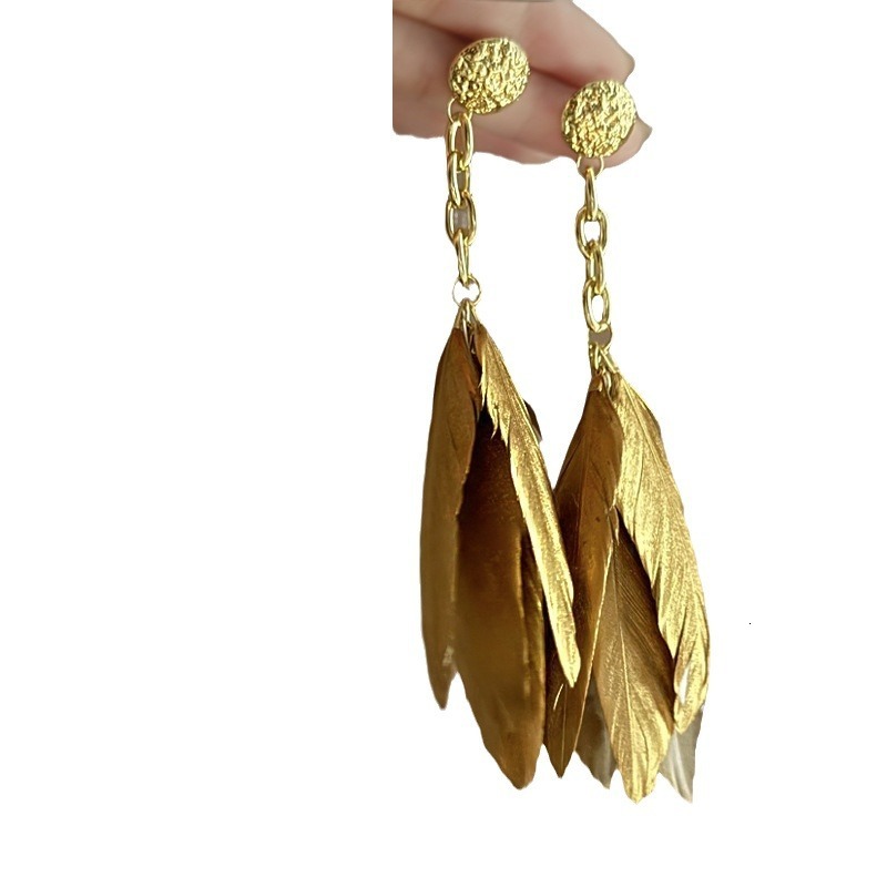 Sier Needle Gold Feather Tassel French Niche Exotic Ethnic New Chinese Style Earrings