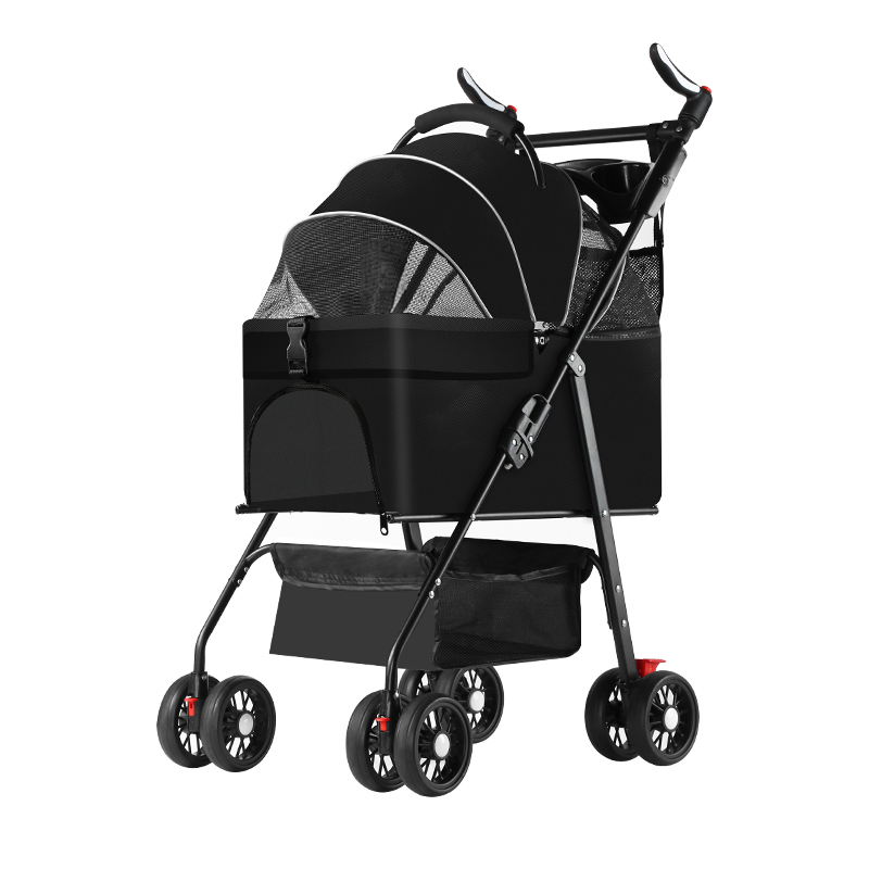 Pet stroller suitable for small and medium-sized cats and dogs, with detachable straps, easy to fold, detachable lining, storage basket+cup holder