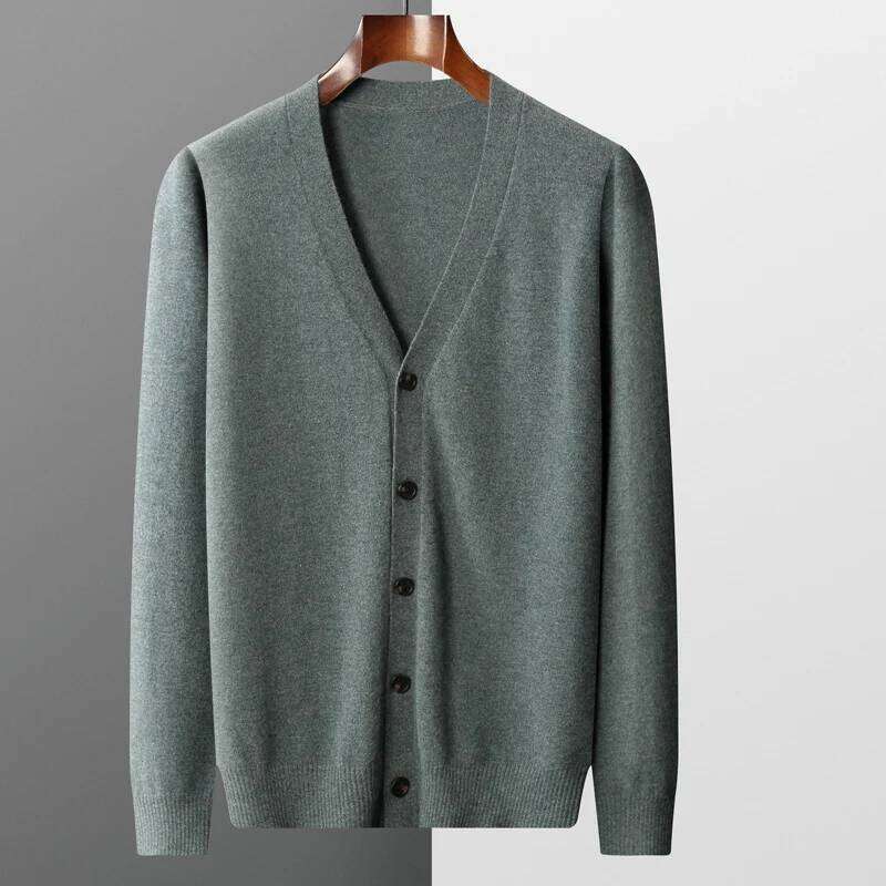 New Men's 100% Pure Merino Wool Sweater Jacket V-Neck Knitted Cardigan Autumn Winter Solid Color Top Casual Basic All-Match MDNG