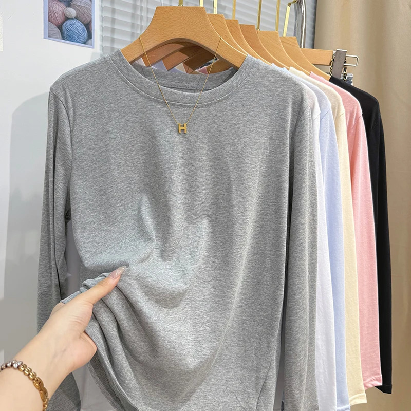 Spring Summer Lightweight Ice Silk Long Sleeve Tshirt Loose Casual Versatile Shirt Solid Color Crew Neck Top 250729