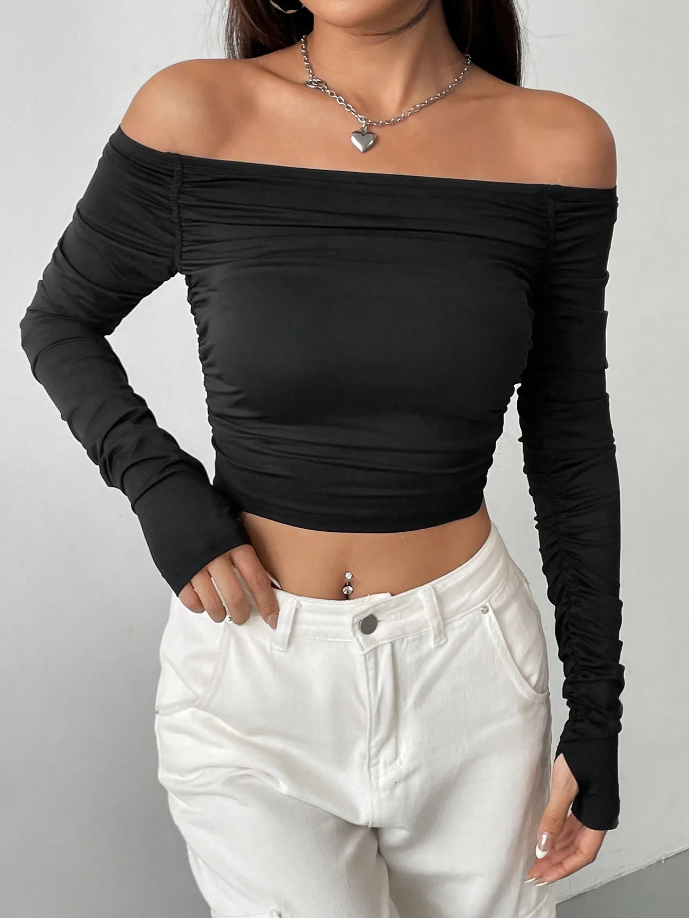 line shoulder mesh long sleeve Tshirt for women with slimfit tie sexy explosion street wear short top 250729