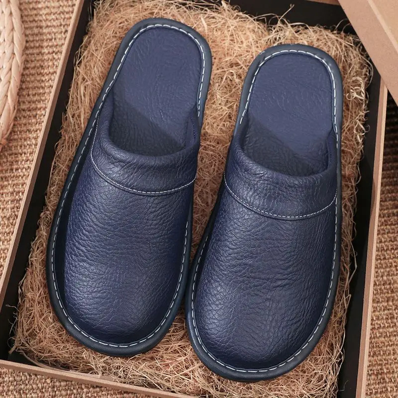 Home Leather Slippers Men and Women Spring Non-slip Waterproof Floor Shoes Anti-odor Soft Sole males Indoor Slides 250725