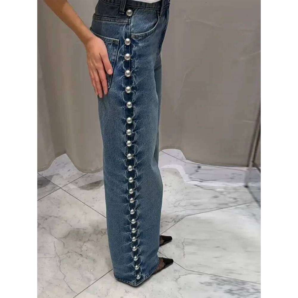 Y2k Sreet Pearl Women's Jeans Low Waist Loose Wide Leg Denim Pants Female 2025 Spring Summer Chic Retro Baggy Lady Trousers MDNG