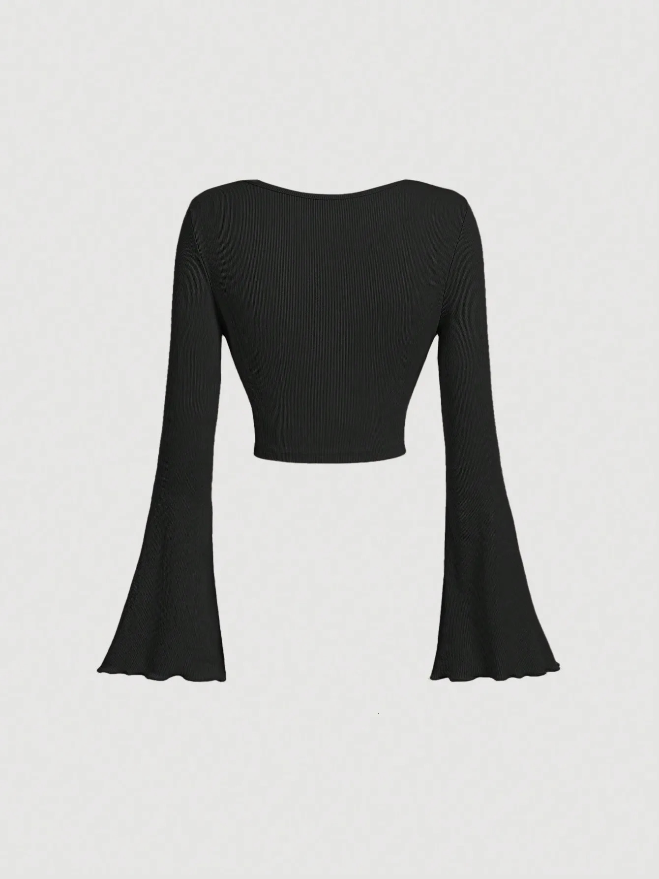 Pure Wind Spice Girl Temperament Black Vneck Top Female Autumn Winter Short Slimming Long Sleeve Tshirt Sexy Base Shirt 250729