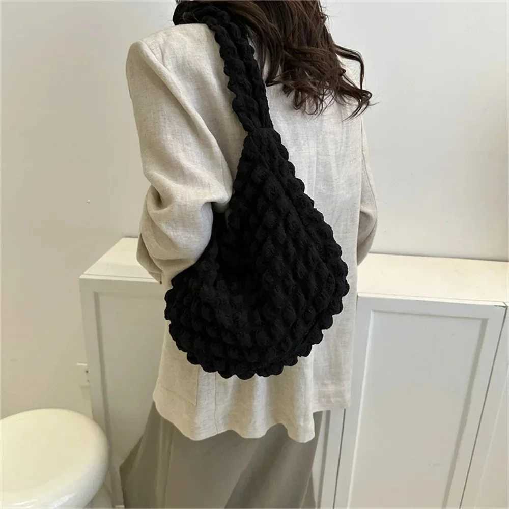 Wrinkled Design Embroidered Plaid Shoulder Bag Underarm Bag Simple Large Capacity Quilted Tote Bag for Women Y250730