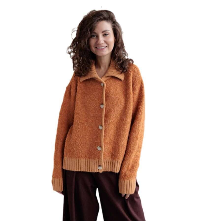 Caramel Color Fluffy Sweater Coat For Women Autumn Winter New Lazy Loose Turn-Down Collar Knitted Cardigan Top B5