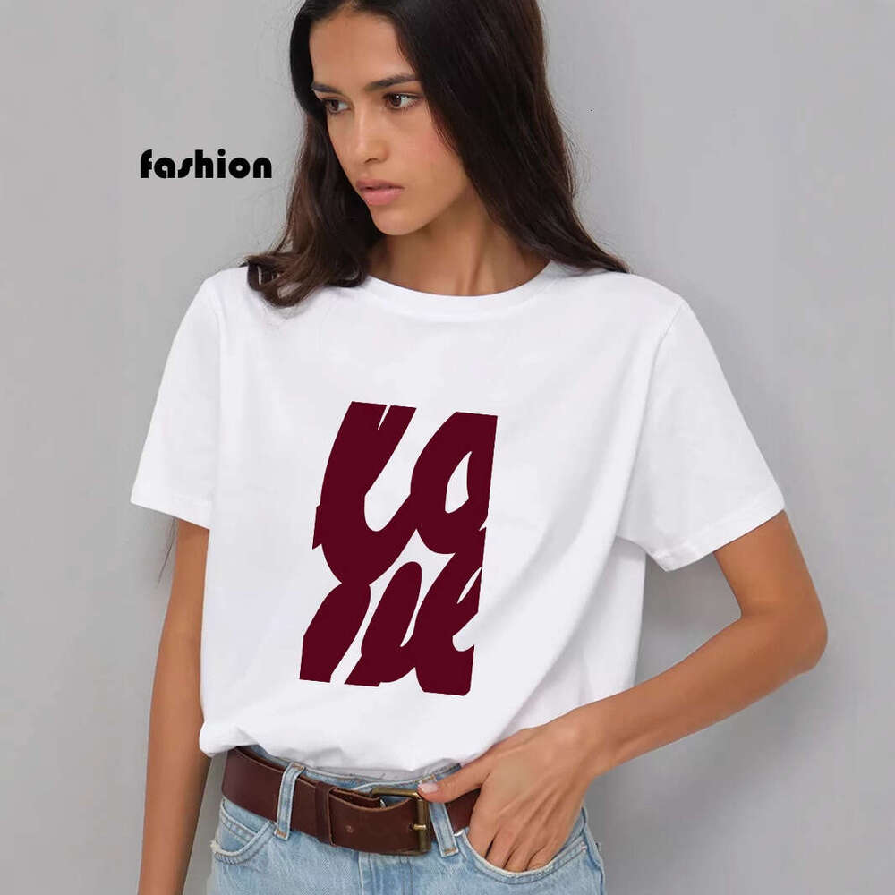 Minimalist Letter Print T-Shirt For Women, Summer Versatile Loose Round Neck Pure Cotton Short Sleeve Top B5 h6