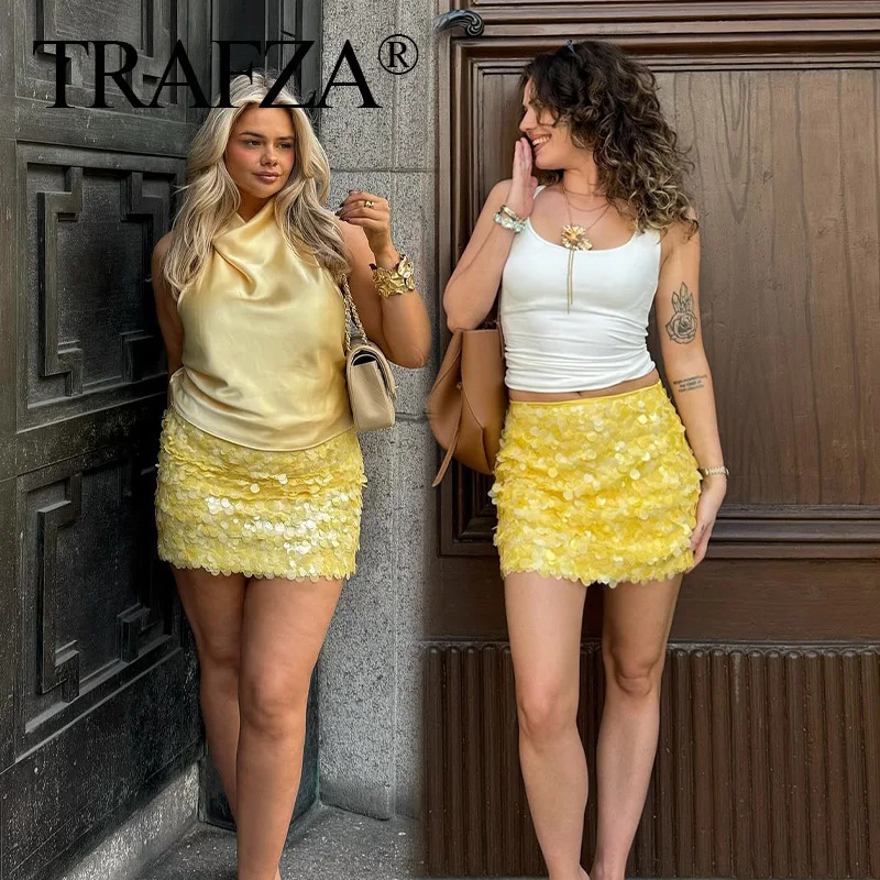 TRAFZA Women Fashion Solid Sequins Mini Skirt Slim Casual High Waist Side Zipper Skirts Mujer Summer Sweet Style 250730
