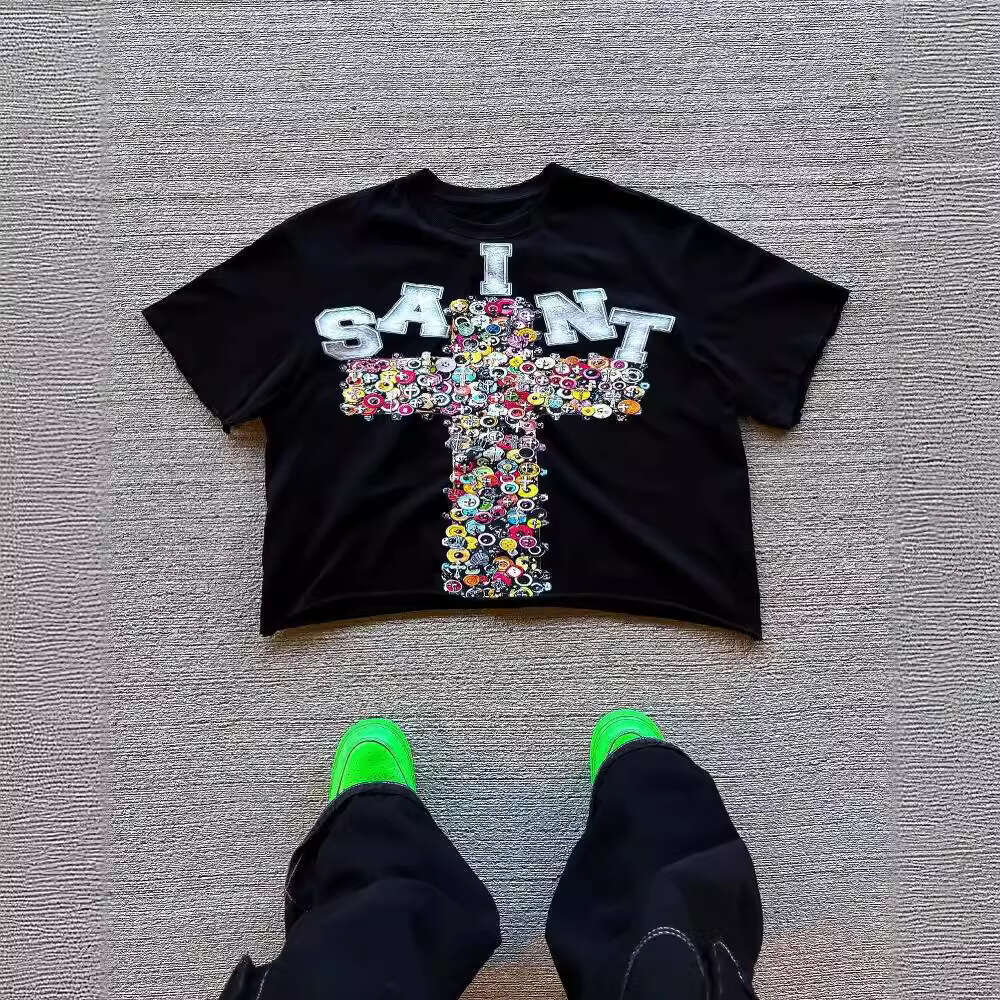 Cross Graffiti Rhinestone Print T-shirt Short Sleeve Top Trendy Brand Series