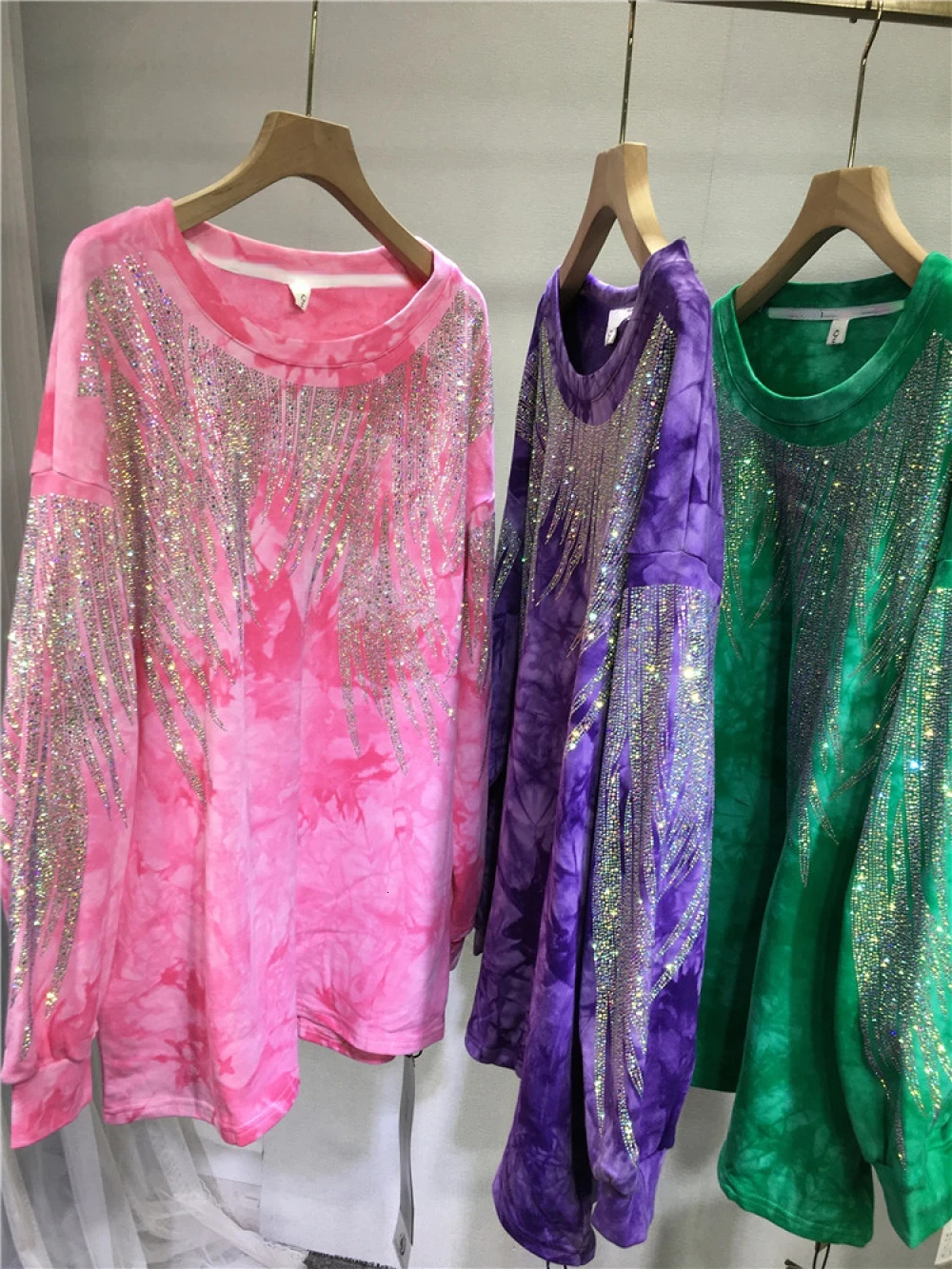 150kg Plus Size Tie Dye Sweatshirt Women with Sparkling Rhinestones Fall Long Sleeve Geometric y Sweatshirts Woman 250730