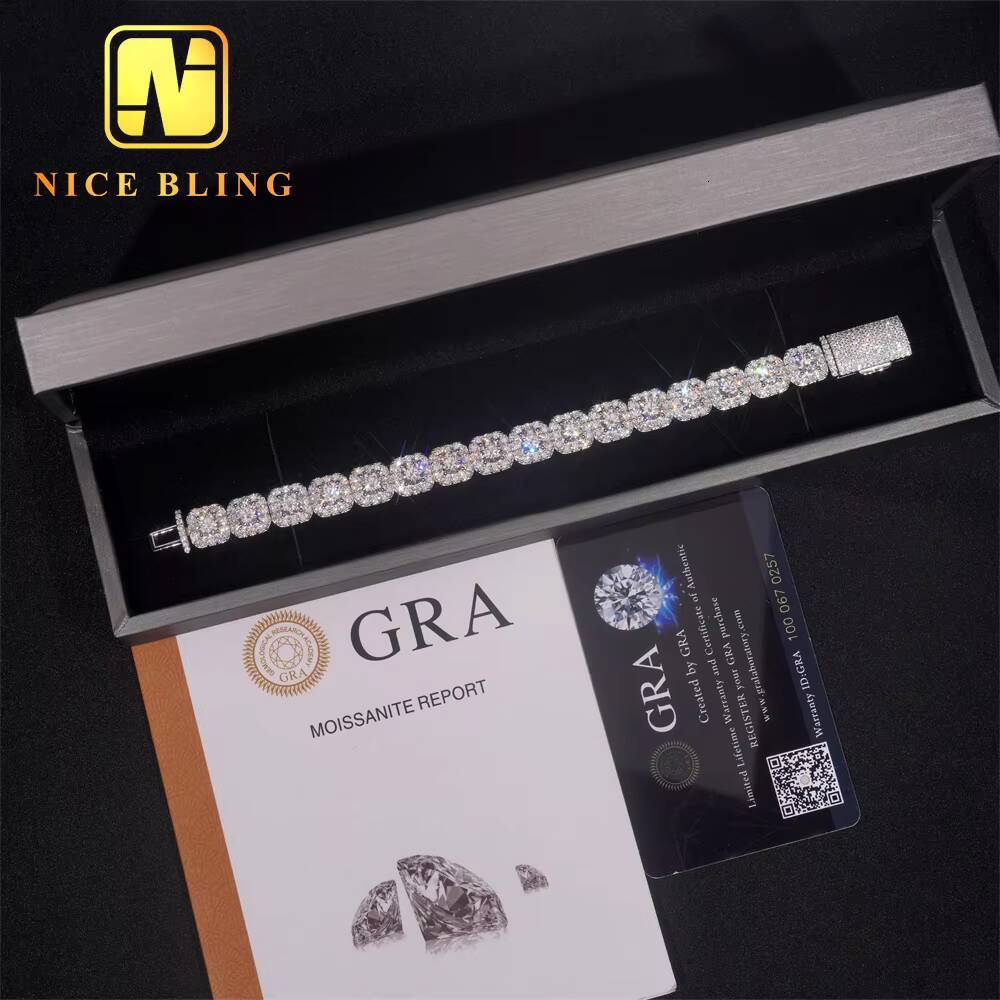 Luxury Fire Jewelry 10mm 925 Sterling Silver D Color VVS Moissanite Diamond Cluster Tennis Chain Necklace for Men Women