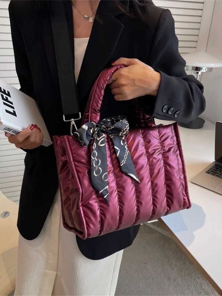 Elegant Wens Totes Bag with Silk Scarf Accent Quilted Crossbody Bags for Wen Casual Solid Color Padded Wens Shoulder Bag Y250730